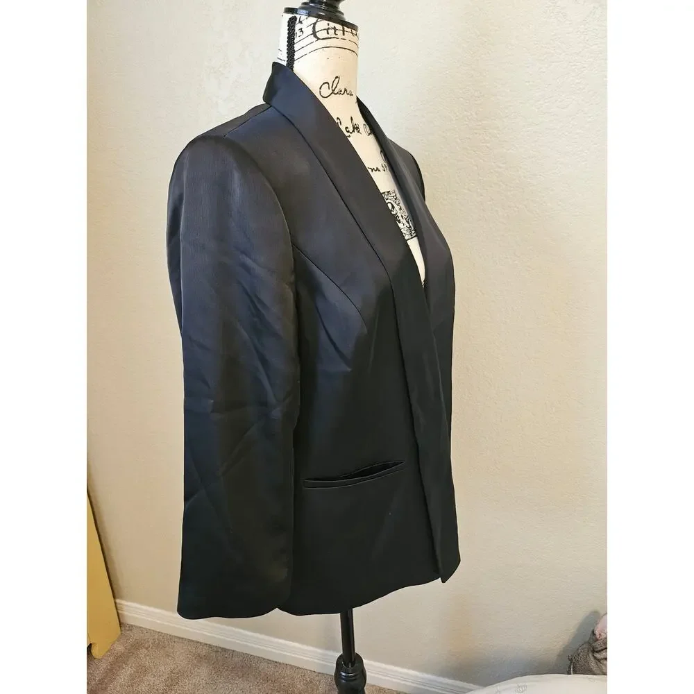 Black Satin Anne Klien Open Jacket, Pockets, Fully Lined, Medium
